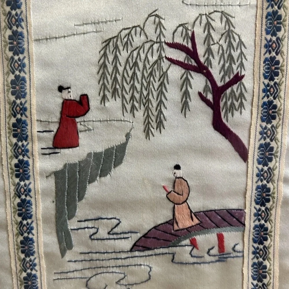 Vintage Chinese Handwoven Embroidery Framed Gold Bamboo Frame 12x24